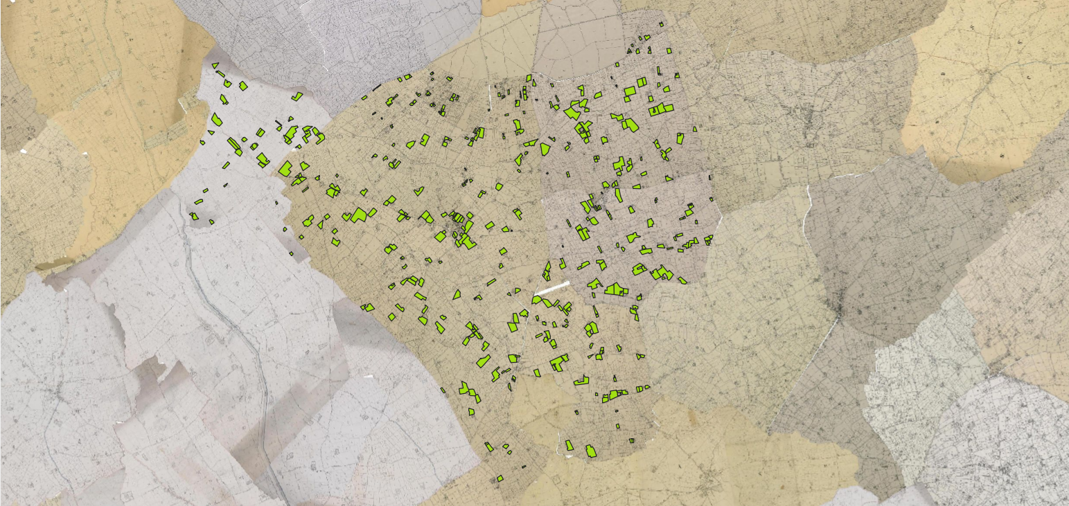 Boomgaarden op de negentiende-eeuwse Popp-kaarten voor de gemeente Langemark-Poelkapelle.