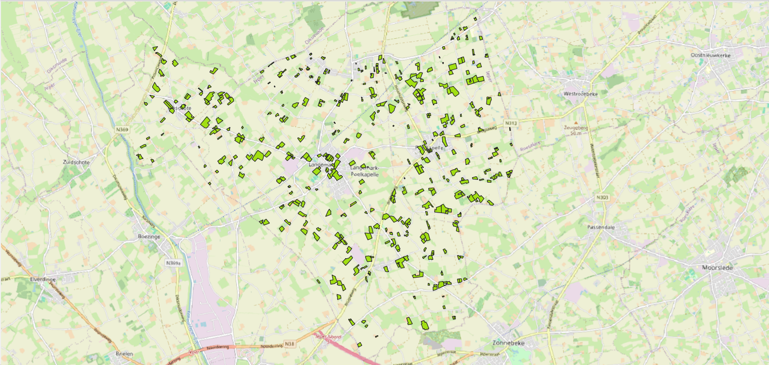 Boomgaarden op de negentiende-eeuwse Popp-kaarten op de hedendaagse kaart voor de gemeente Langemark-Poelkapelle.